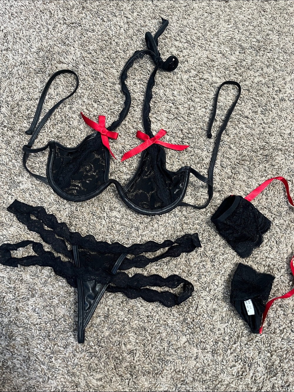 Black Lace Underwire Bra & Strappy Lace Thong Set with Red Bow Accents